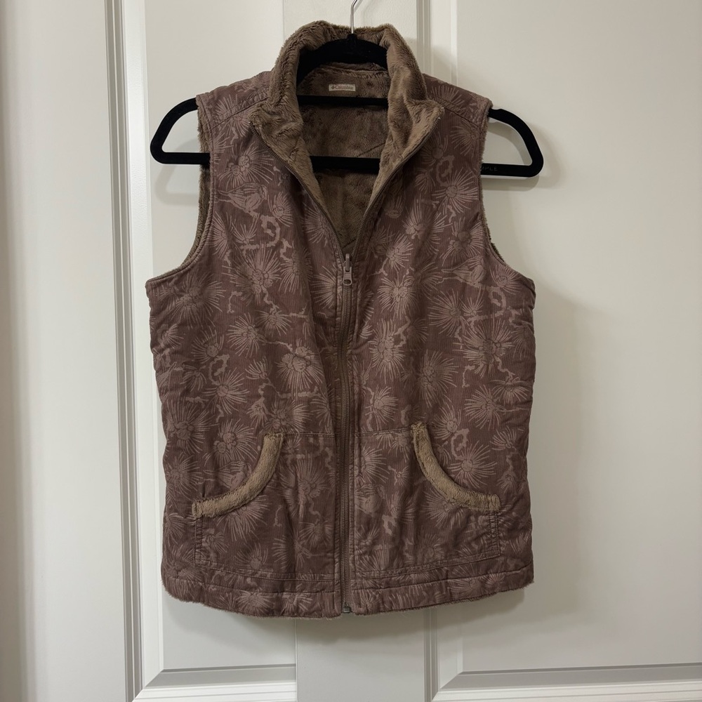Reversible Columbia Women Vest Brown Floral Faux Fur Lined Zip Up Size Medium
